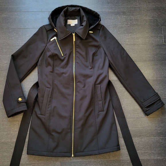 Michael Kors Women Black Full Zip Hooded Belted Fleece Lined Coat Jacket - Picture 9 of 14